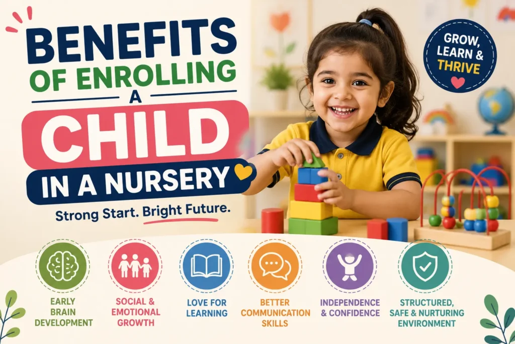 Happy preschool child learning through play in a nursery classroom, highlighting the benefits of enrolling a child in a nursery for early learning and development.