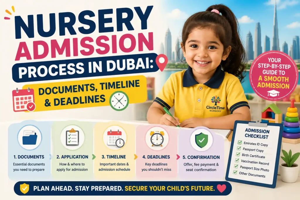 Smiling child in a Dubai nursery classroom with an admission checklist, illustrating the nursery admission process in Dubai, including required documents, application timeline, and important deadlines.