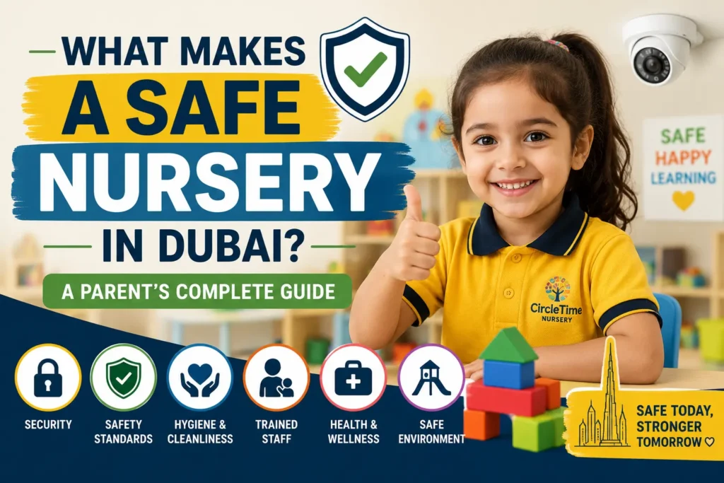 Safe nursery in Dubai featuring secure classrooms, trained teachers, hygiene practices, and child-friendly facilities to support early learning.