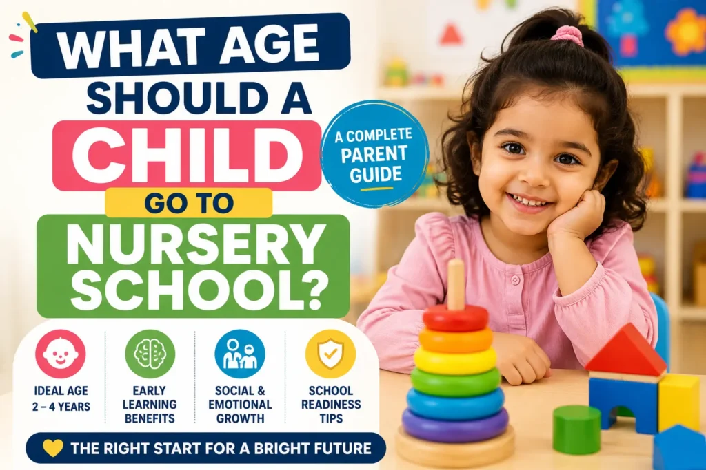 Happy preschool child in a nursery classroom illustrating the ideal age to start nursery school and early childhood education for young children.