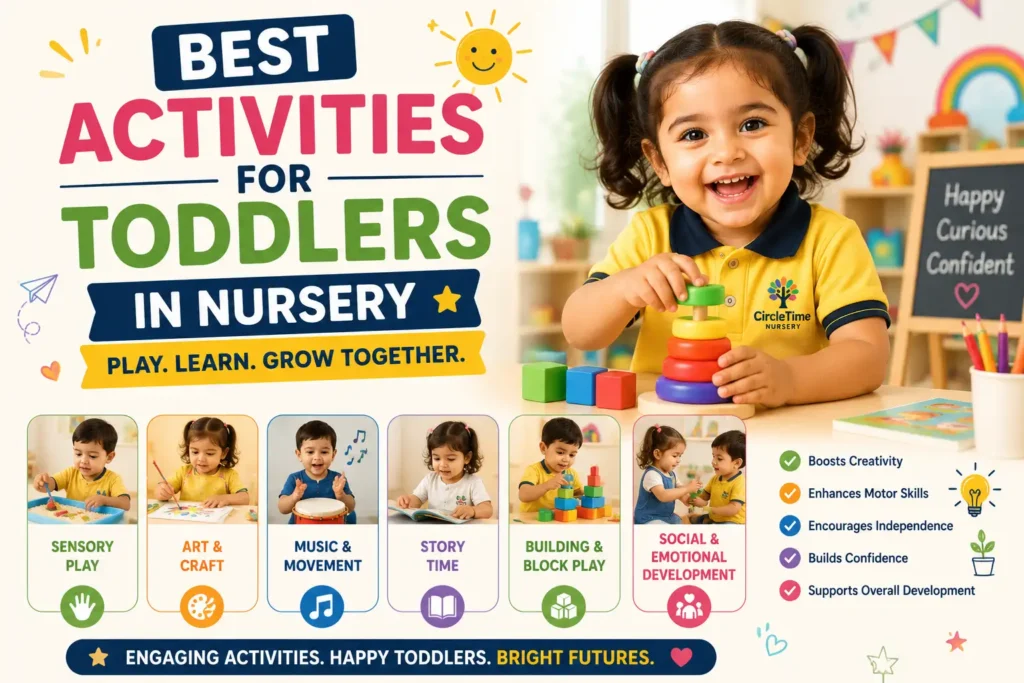 Toddlers enjoying sensory play, art, music, storytelling and block activities in a nursery classroom.