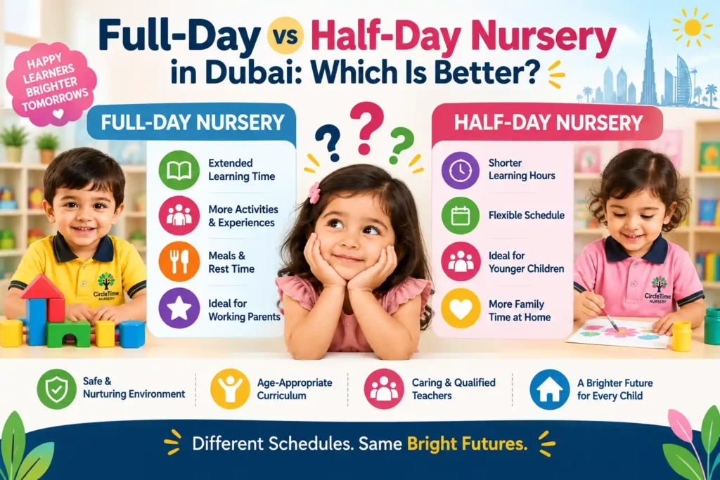 Child learning in a Dubai nursery classroom comparing full-day and half-day nursery options.