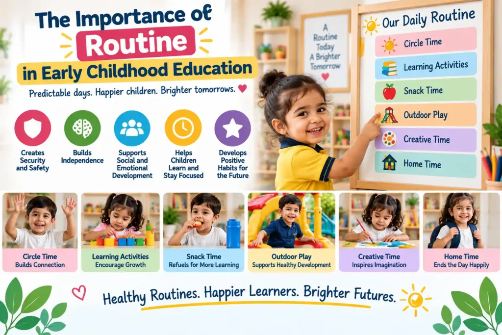 Children following a daily routine in early childhood education with learning, play, snack, and creative activities.