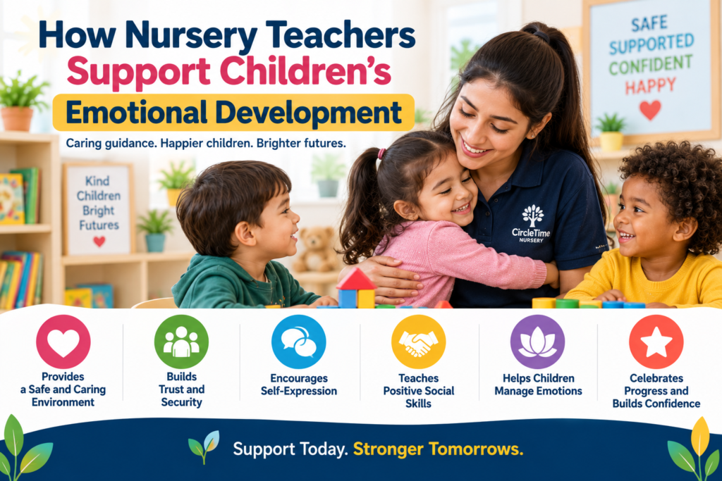 Nursery teacher supporting children's emotional development through caring guidance and positive classroom interactions.