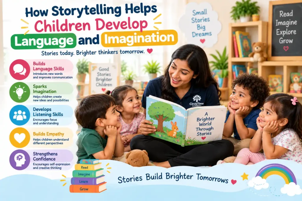Teacher storytelling to children in a nursery, helping develop language, listening skills, imagination, and confidence.