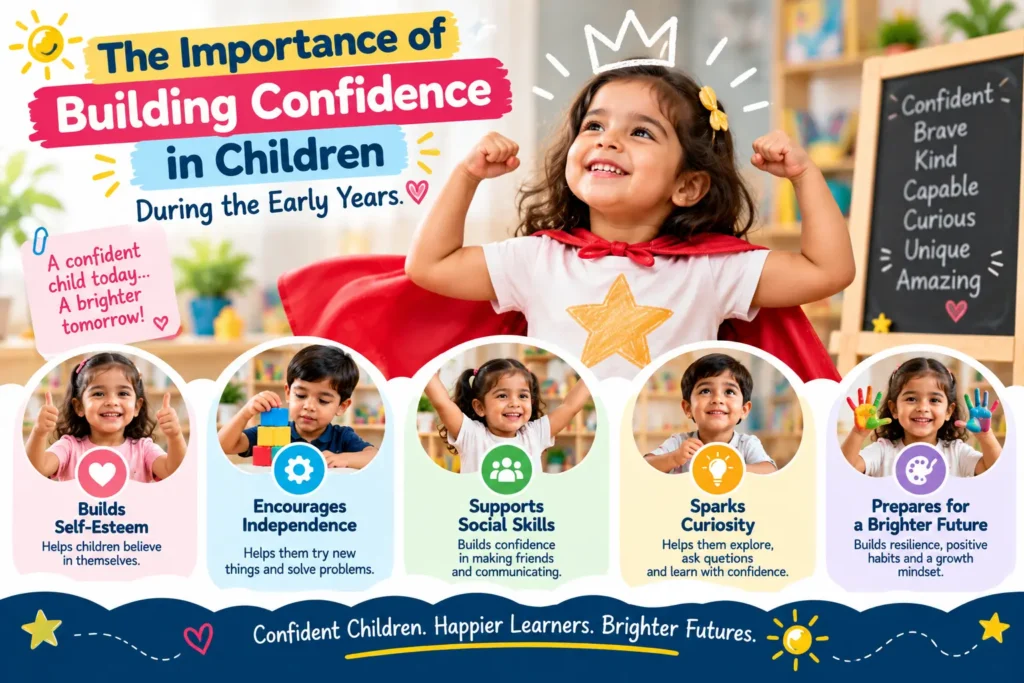 A confident young child participating in early learning activities that build self-esteem, independence, social skills, and resilience.