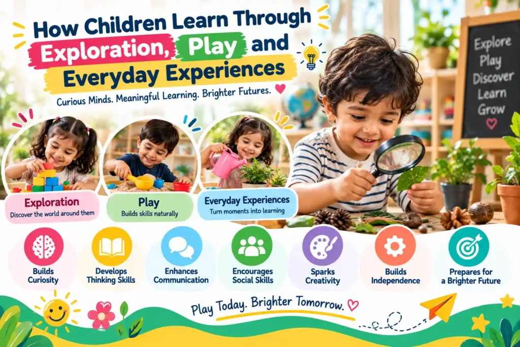Children learning through exploration, play, sensory activities, and everyday experiences in an early childhood classroom.