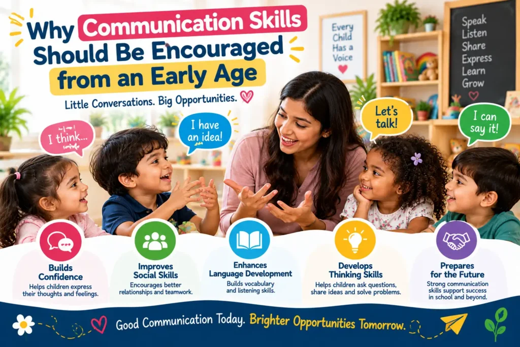 Children developing communication skills through conversations and group activities in an early childhood classroom.