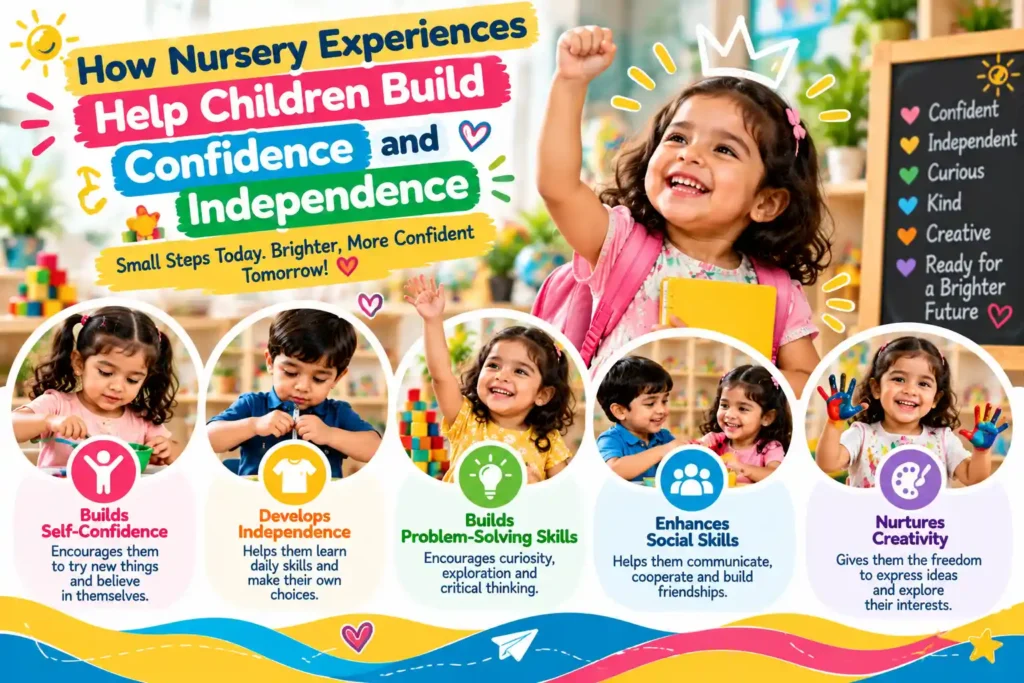 Children participating in nursery activities that build confidence, independence, problem-solving, social skills, and creativity.